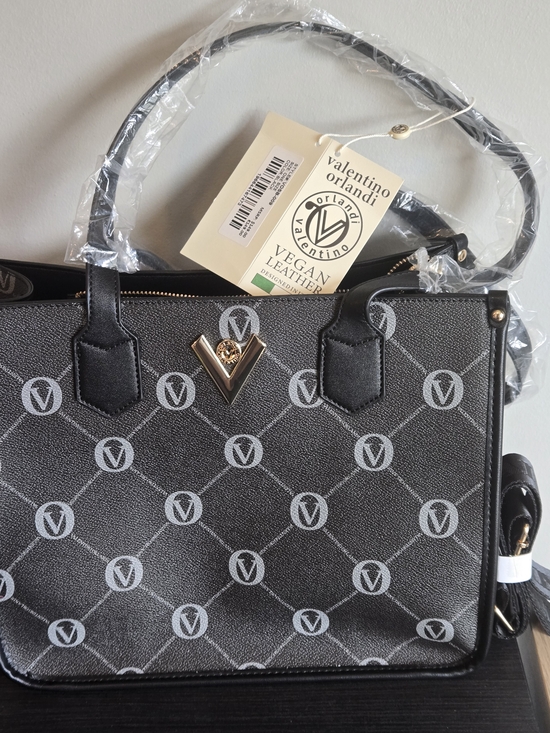 Valentino Orlandi Handbags - Valentino Orlandi Black & Gray Vegan Leather Satchel with Gold V Accent